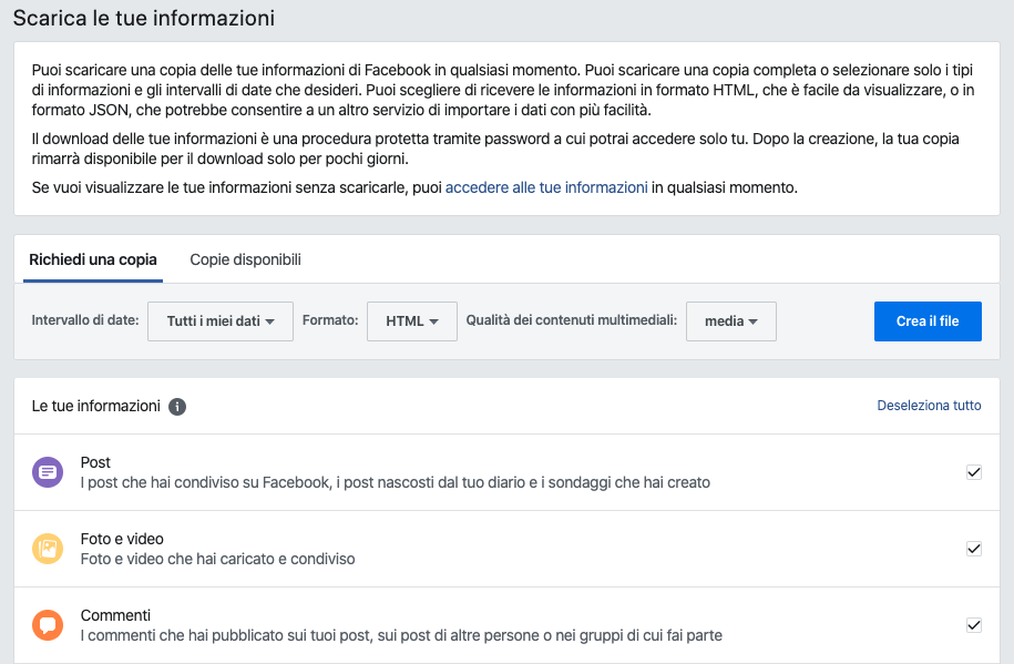 download informazioni personali facebook