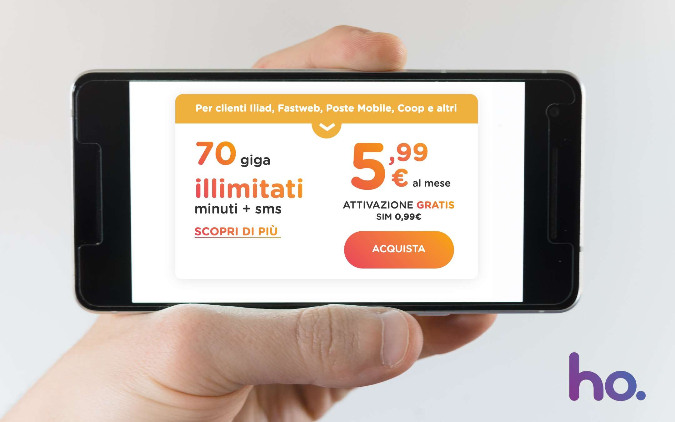 ho.mobile, disponibili minuti, sms e 70GB a 5,99€ ho.mobile, disponibili minuti, sms e 70GB a 5,99€