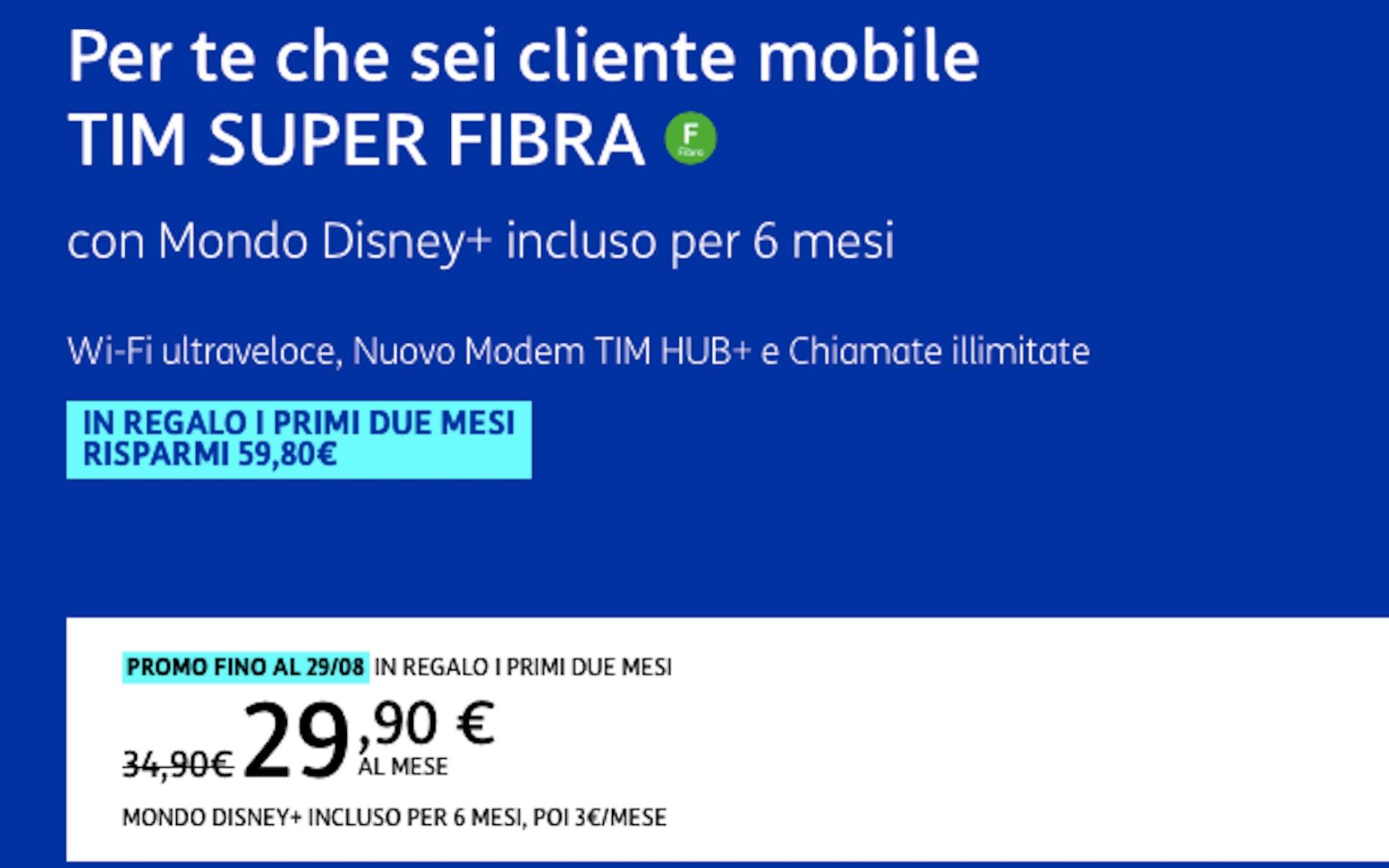 TIM: Super Fibra con 2 mesi gratis e Disney+