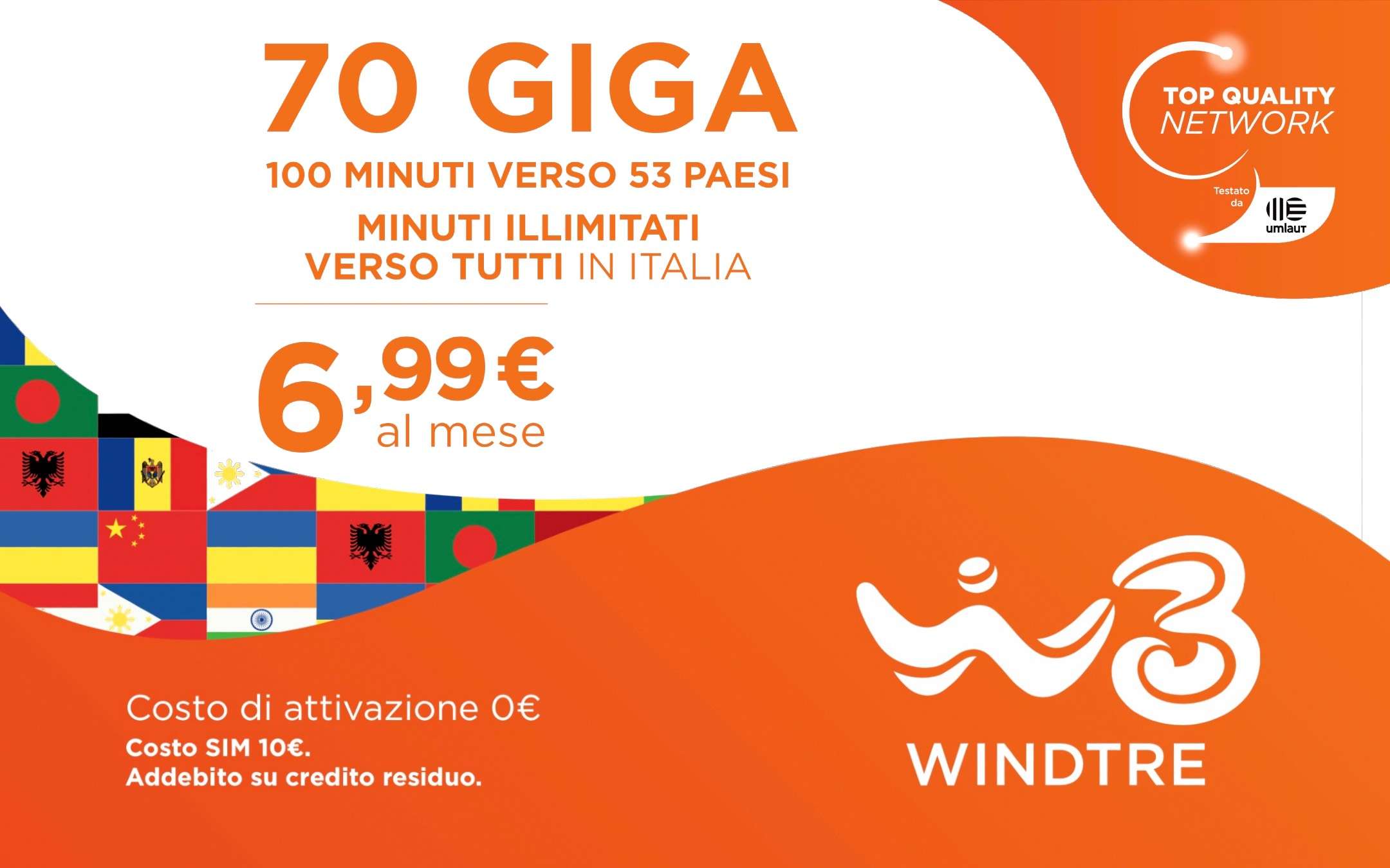 WINDTRE: promo con 70GB e minuti esteri a 6,99€ WINDTRE: promo con 70GB e minuti esteri a 6,99€