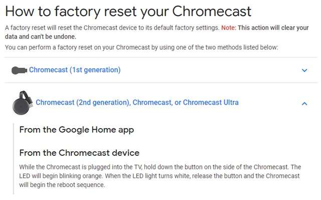 Factory Reset su Chromecast