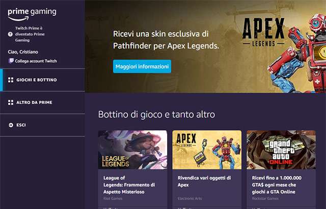 L'interfaccia di Prime Gaming