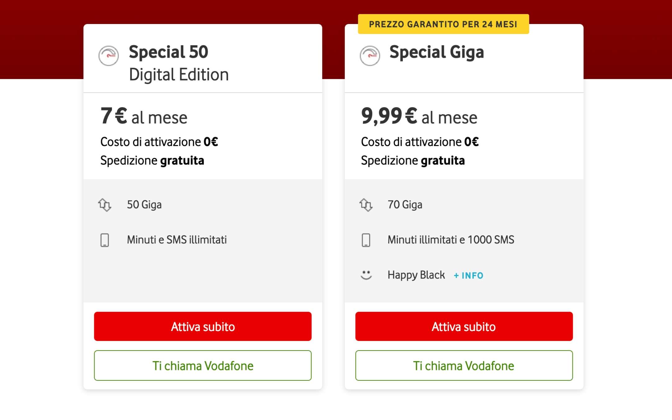 Vodafone Special: promo da 7€ al mese con 70GB