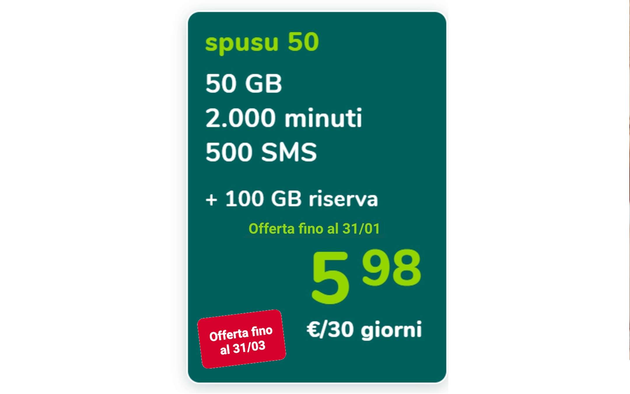 Spusu 50: promo a 5,98€ prorogata fino al 31 Marzo