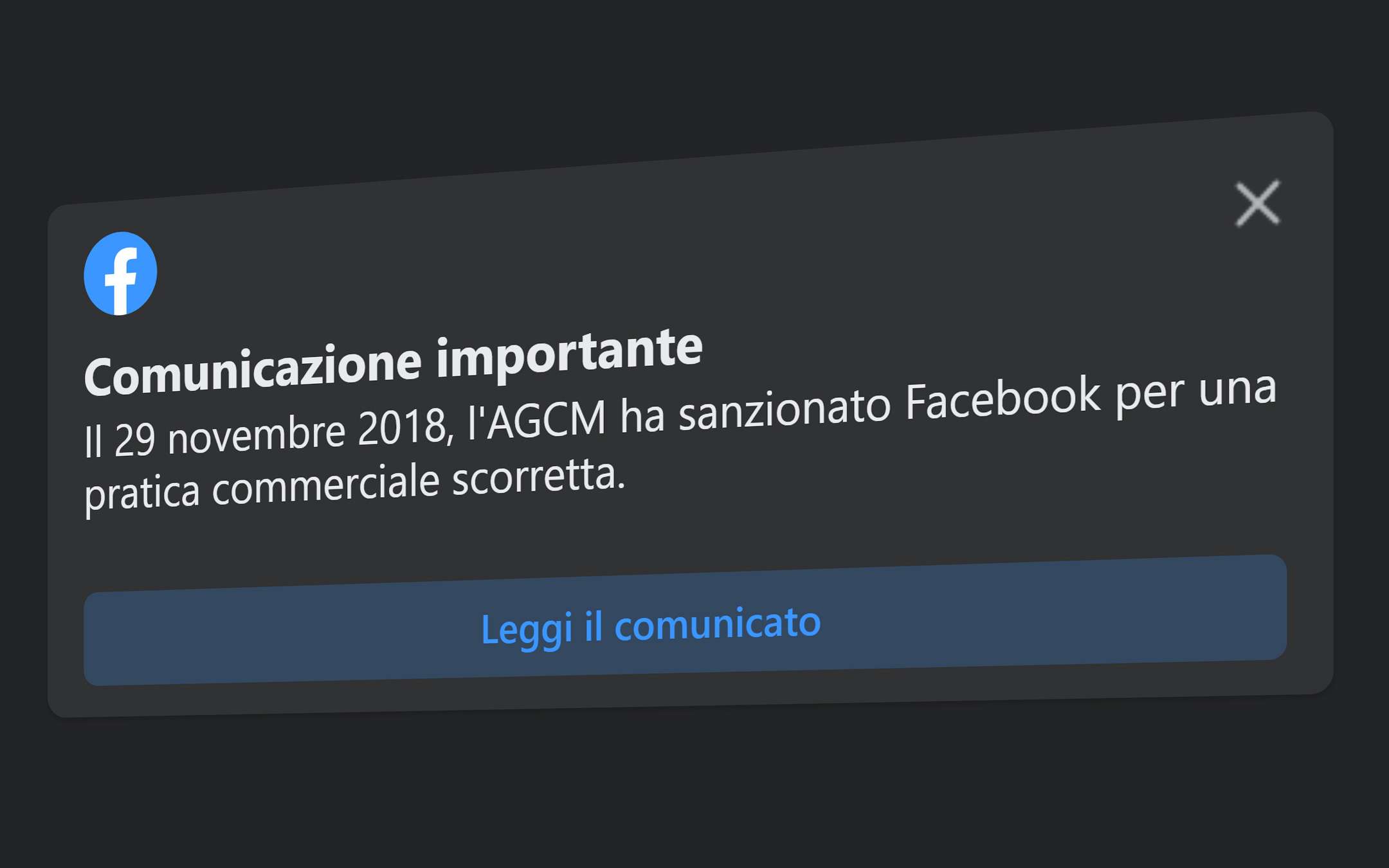 Cosa significa il messaggio di Facebook sull'AGCM?