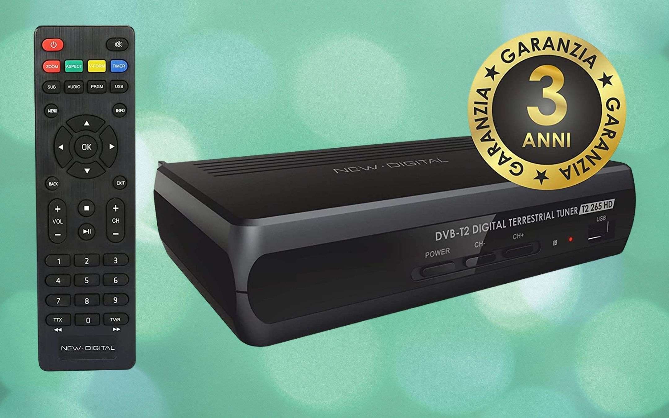 Decoder Digitale DVB-T2 HEVC 10 Bit | Mediaplayer Full HD Con Doppio Telecomando, Alimentatore 12V Per Camper E Barca