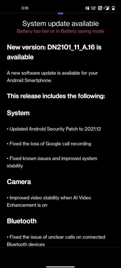 oneplus nord 2 aggiornamento a.16