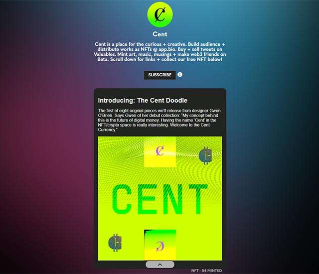 La homepage di Cent, piattaforma NFT