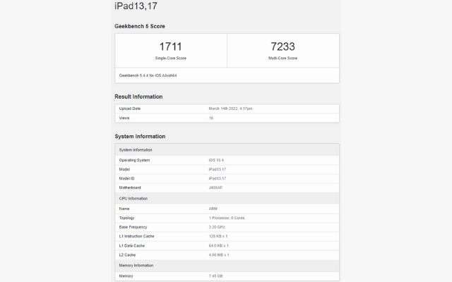 iPad Air 2022 Geekbench