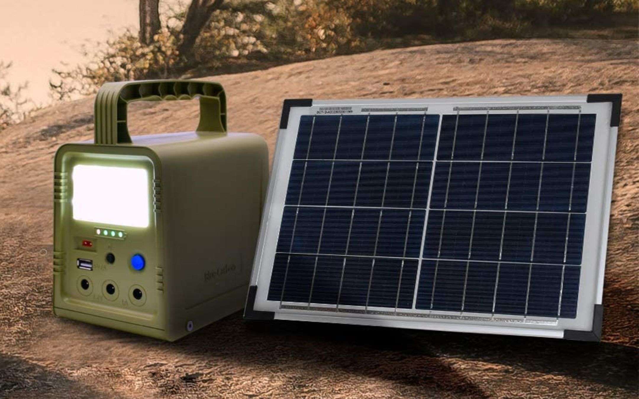 Mini centrale elettrica solare con accumulo, luci e USB: 62€ ()