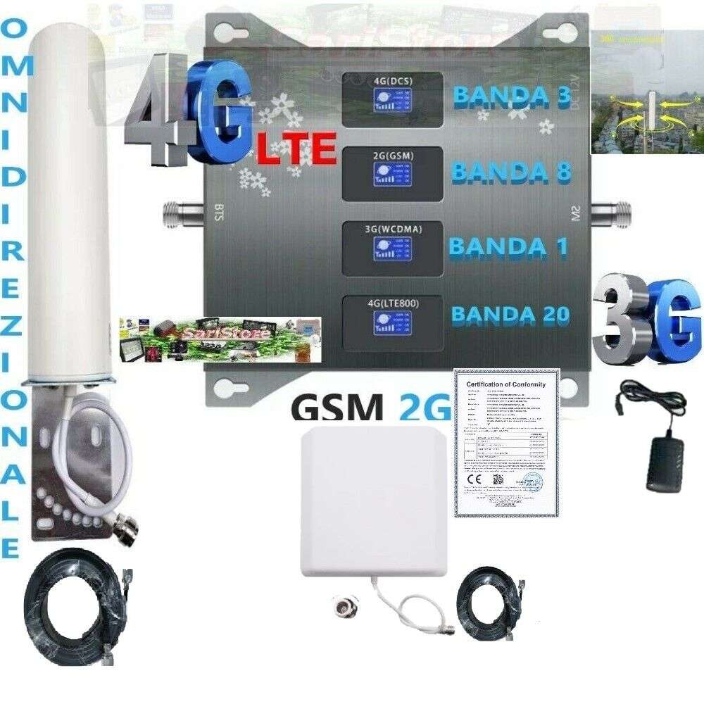 KIT 4 in 1 RIPETITORE AMPLIFICATORE SEGNALE CELLULARE tutti gestori GSM 2G 3G 4G