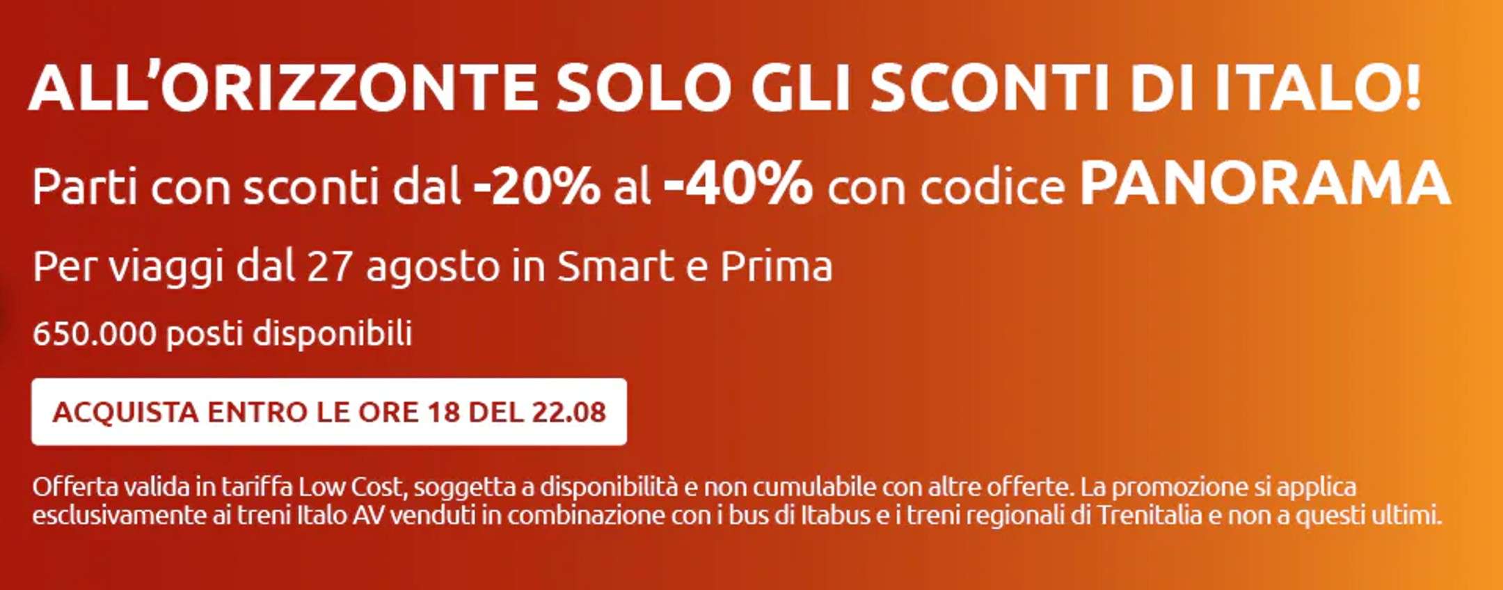 Italo: Sconto con codice PANORAMA dal 20% al 40%