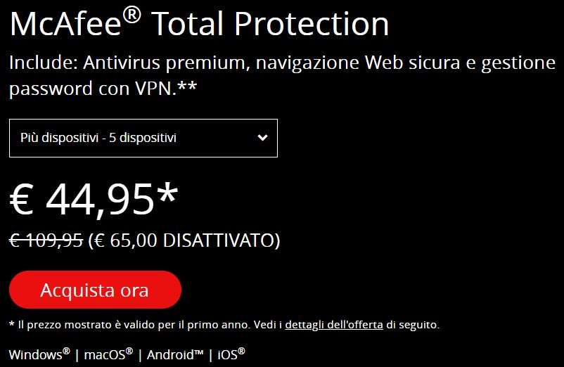 McAfee Total Protection sconto 65 euro