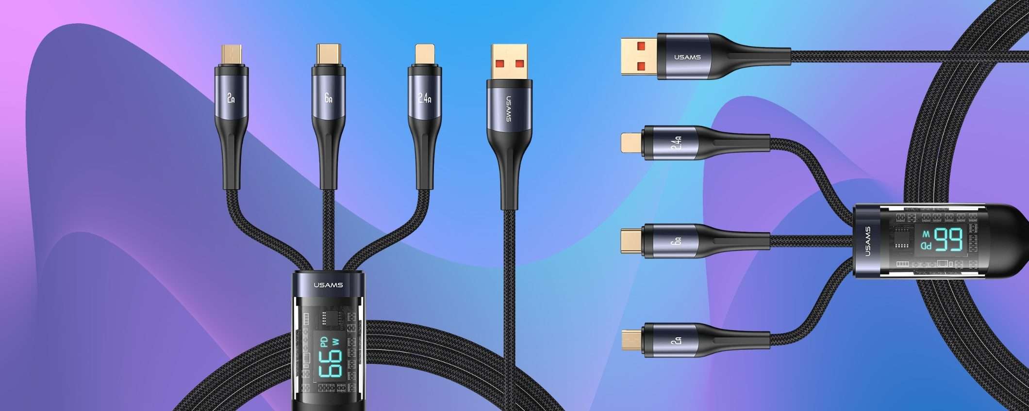 1 presa, 3 dispositivi: multi cavo USB da 66W con display integrato 1 presa, 3 dispositivi: multi cavo USB da 66W con display integrato