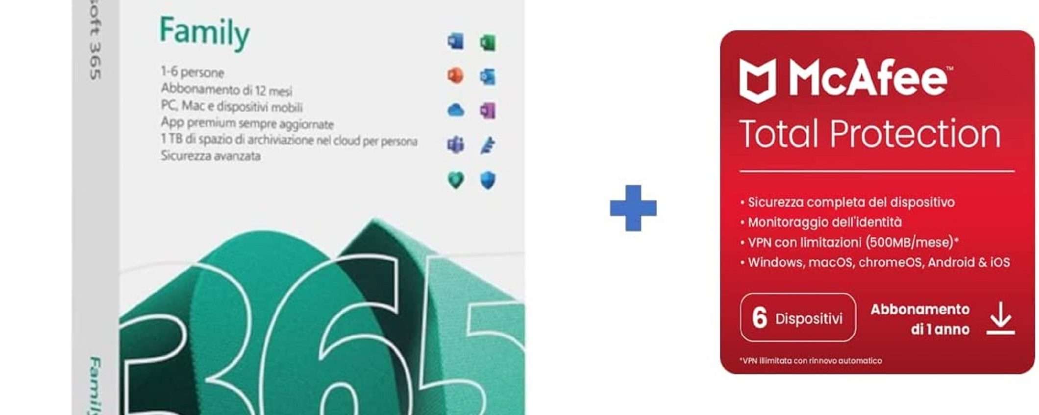 Microsoft 365 Family + McAfee Total Protection 2022 al prezzo di soli 74€ Microsoft 365 Family + McAfee Total Protection 2022 al prezzo di soli 74€