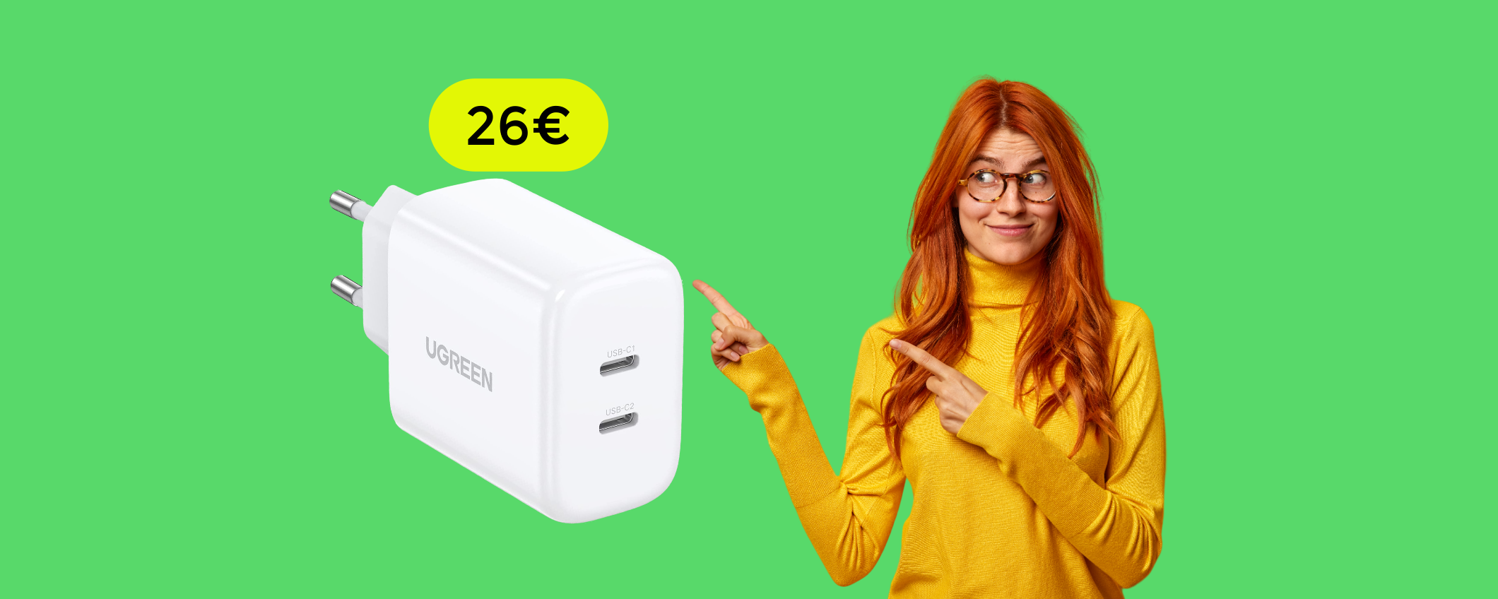 Caricabatterie USB C a DOPPIO ingresso: un FULMINE a soli 26€