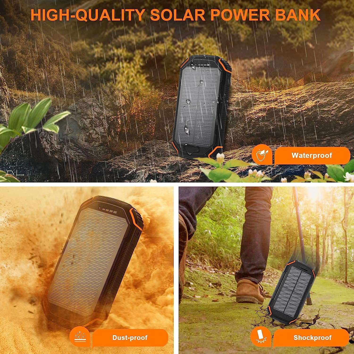 Powerbank Solare 20000mAh Con 2 Porte USB E Torcia LED