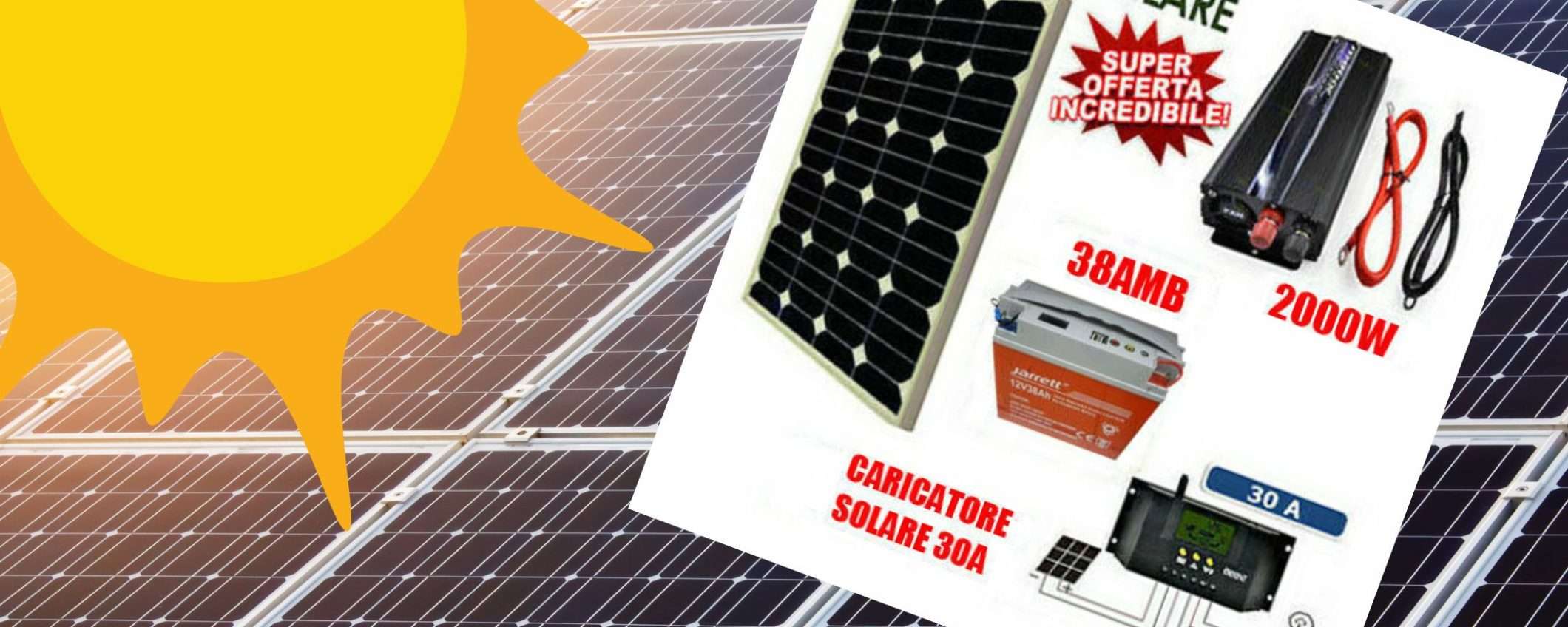 Kit fotovoltaico con inverter 2000W e accumulo a prezzo SPREGIUDICATO (169€) Kit fotovoltaico con inverter 2000W e accumulo a prezzo SPREGIUDICATO (169€)