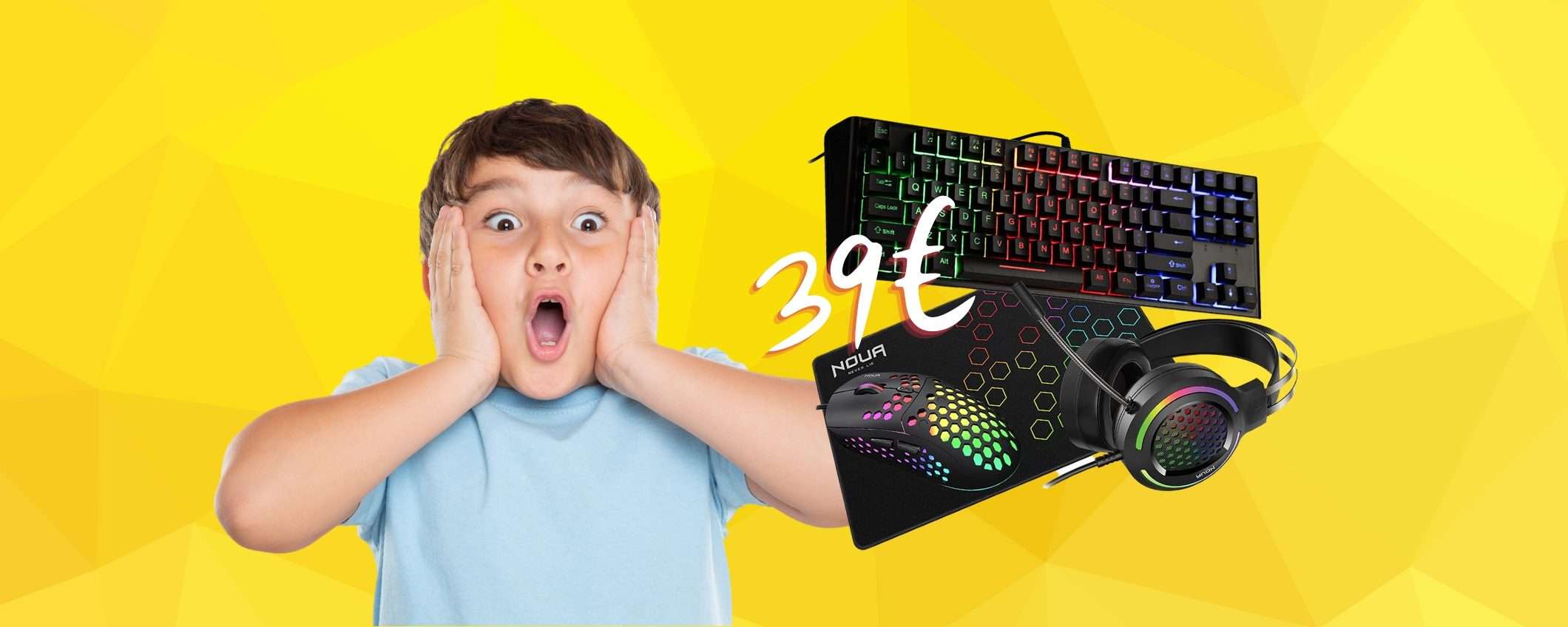 Kit da Gaming 4 in 1 con tastiera, cuffie, mouse e tappetino a 39€ Kit da Gaming 4 in 1 con tastiera, cuffie, mouse e tappetino a 39€