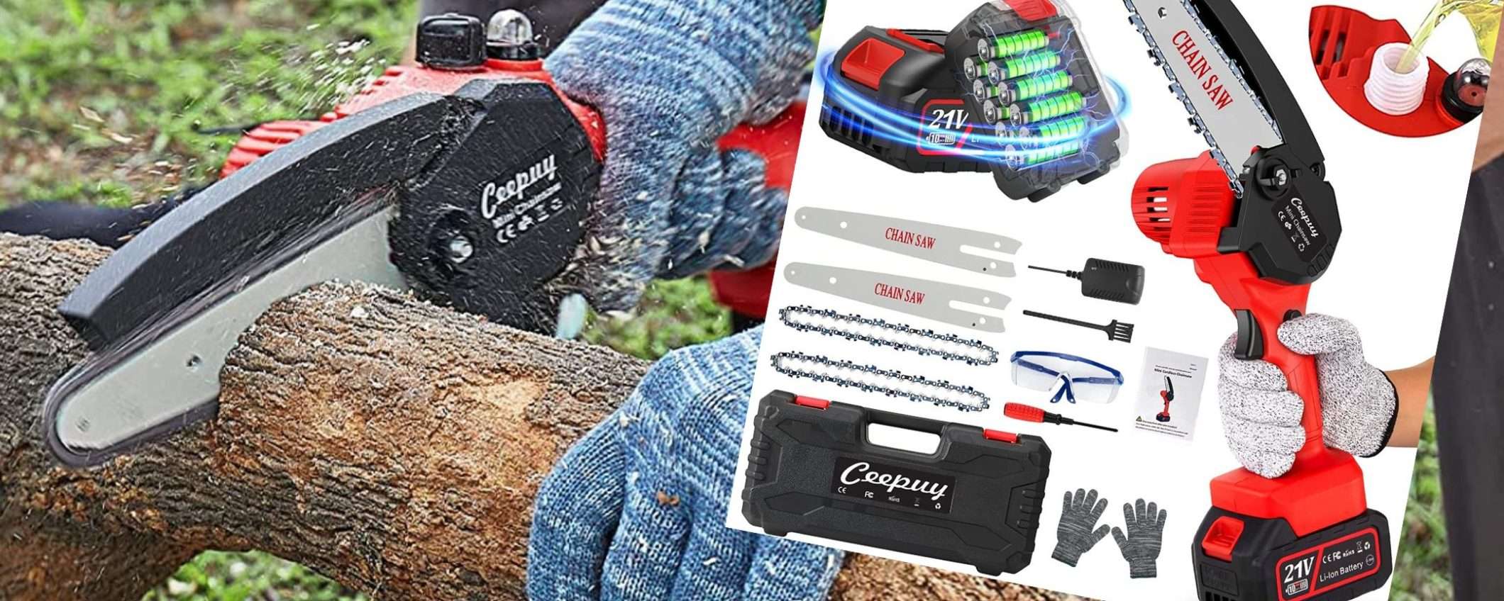 Motosega wireless, kit ricchissimo: 2 batterie e accessori, prezzo WOW (67€) Motosega wireless, kit ricchissimo: 2 batterie e accessori, prezzo WOW (67€)