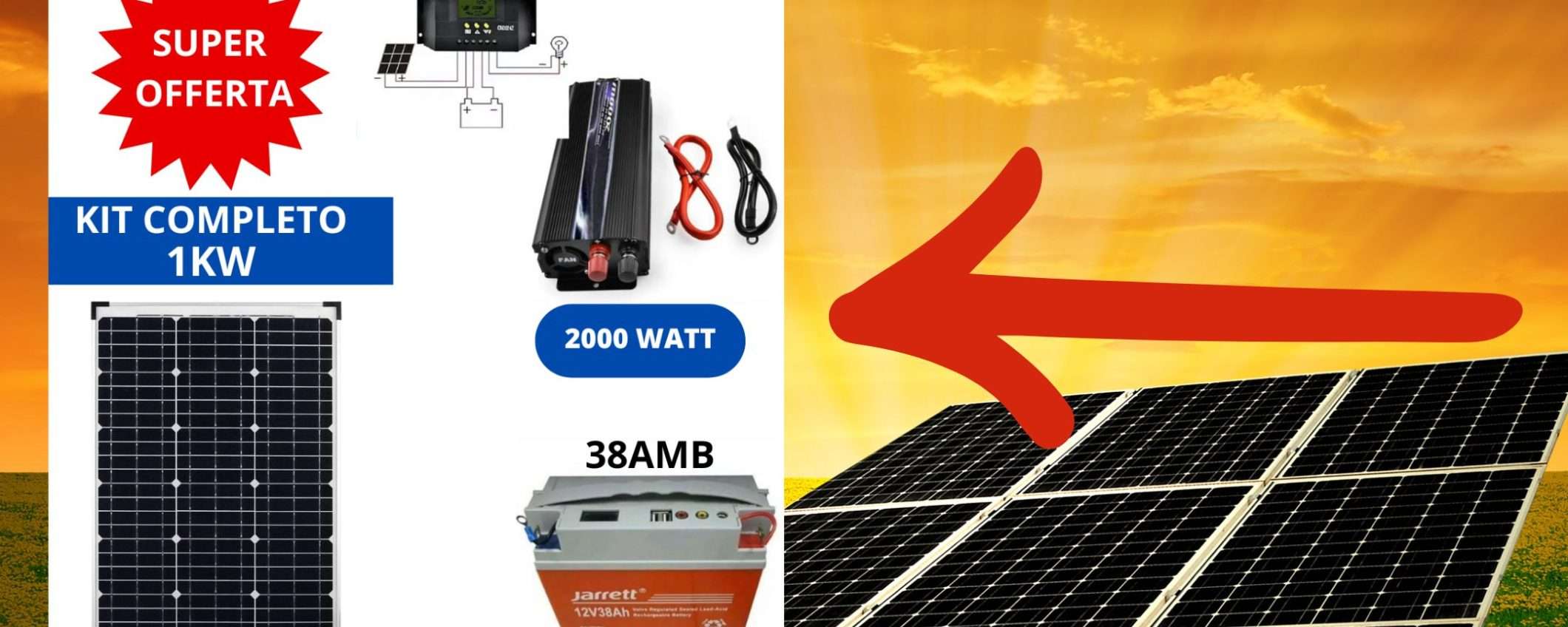 Kit fotovoltaico con ACCUMULO, inverter e pannello 100W: promo SHOCK (169€)