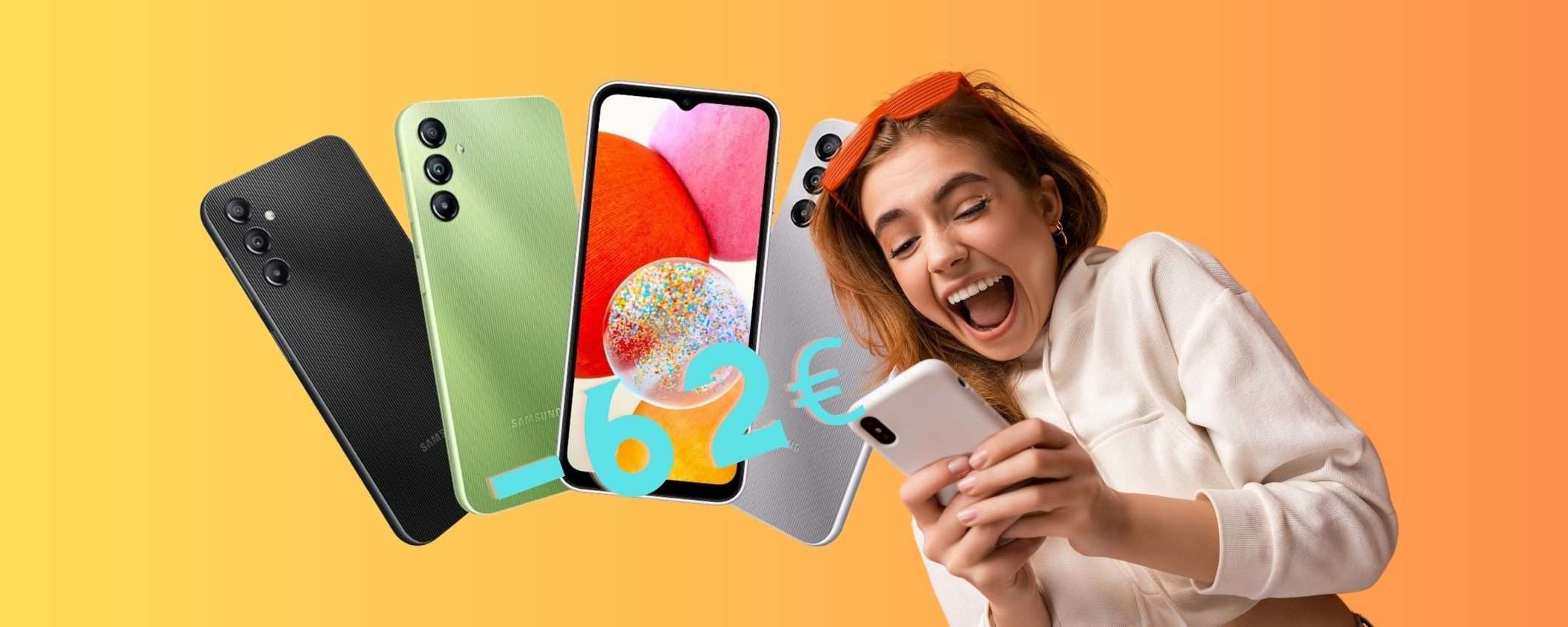 Samsung Galaxy A14: quasi MINIMO STORICO su Amazon (-62€) Samsung Galaxy A14: quasi MINIMO STORICO su Amazon (-62€)