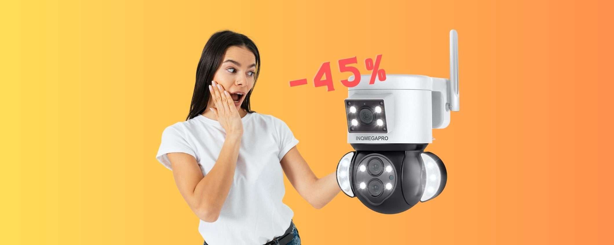 Telecamera di sicurezza WiFi con doppio obiettivo e grandangolo al 45% Telecamera di sicurezza WiFi con doppio obiettivo e grandangolo al 45%