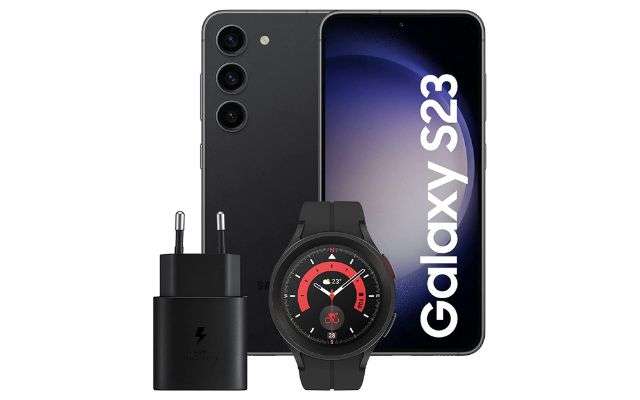 Samsung Galaxy S23 con caricatore e Watch 5 Pro