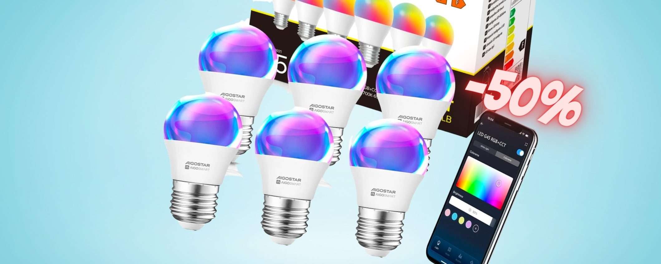 6 lampadine SMART che cambiano colore, pacco RISPARMIO al 50% 6 lampadine SMART che cambiano colore, pacco RISPARMIO al 50%