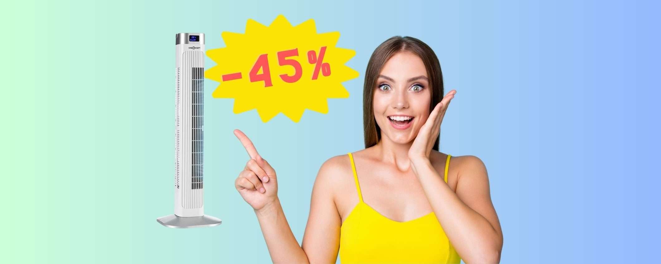 Ventilatore a torre potente, a basso consumo e con telecomando al 45% Ventilatore a torre potente, a basso consumo e con telecomando al 45%