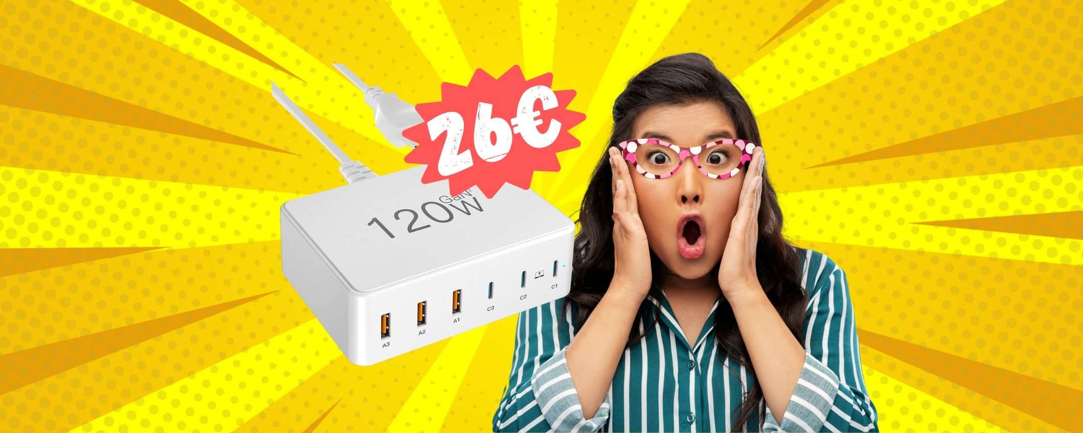 Caricatore USB-C da 120W GaN con 6 uscite a SOLI 26€ Caricatore USB-C da 120W GaN con 6 uscite a SOLI 26€