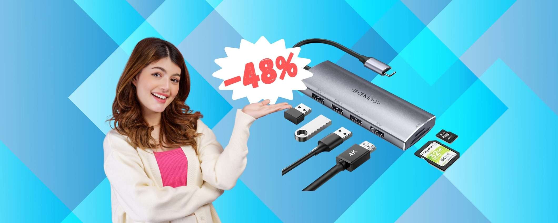 Hub 7 in 1 con USB, HDMI, scheda SD e microSD al 48% in MENO Hub 7 in 1 con USB, HDMI, scheda SD e microSD al 48% in MENO