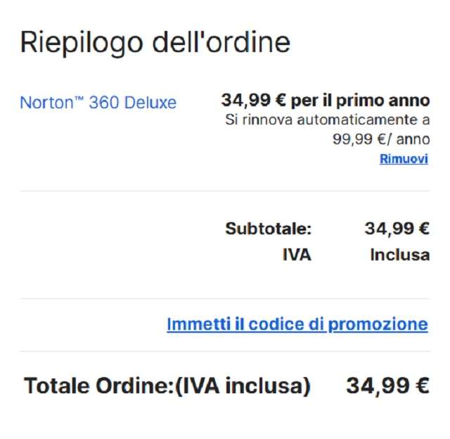 norton 360 deluxe riepilogo ordine