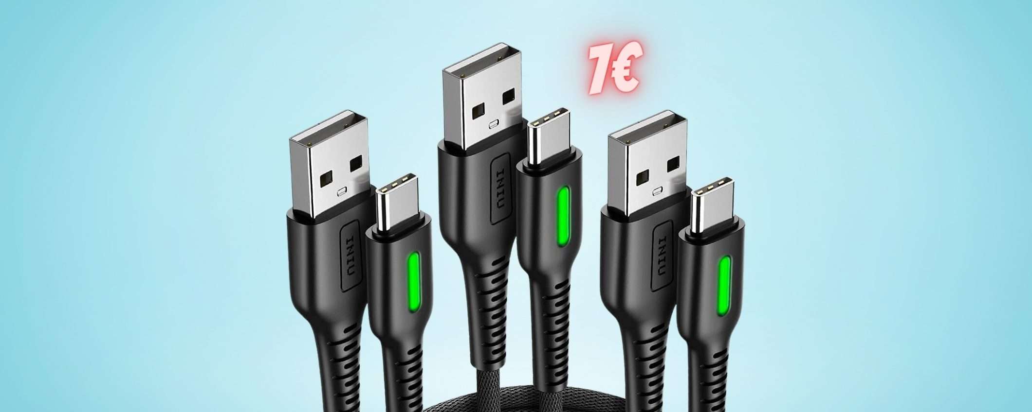 Tris di cavi USB Type C super rapidi, lunghi e robusti: solo 7€