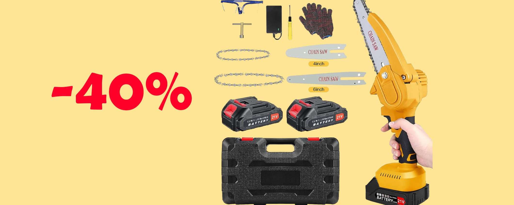 Mini motosega portatile con batteria: sconto BOMBA del 40% Mini motosega portatile con batteria: sconto BOMBA del 40%