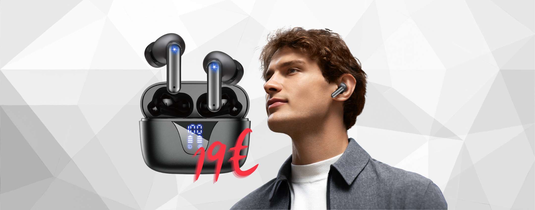 Auricolari Wireless Con Display LED E Cancellazione Del Rumore – 58h Di Autonomia, Bluetooth 5.4, Impermeabili, Ideali Per Sport E Chiamate