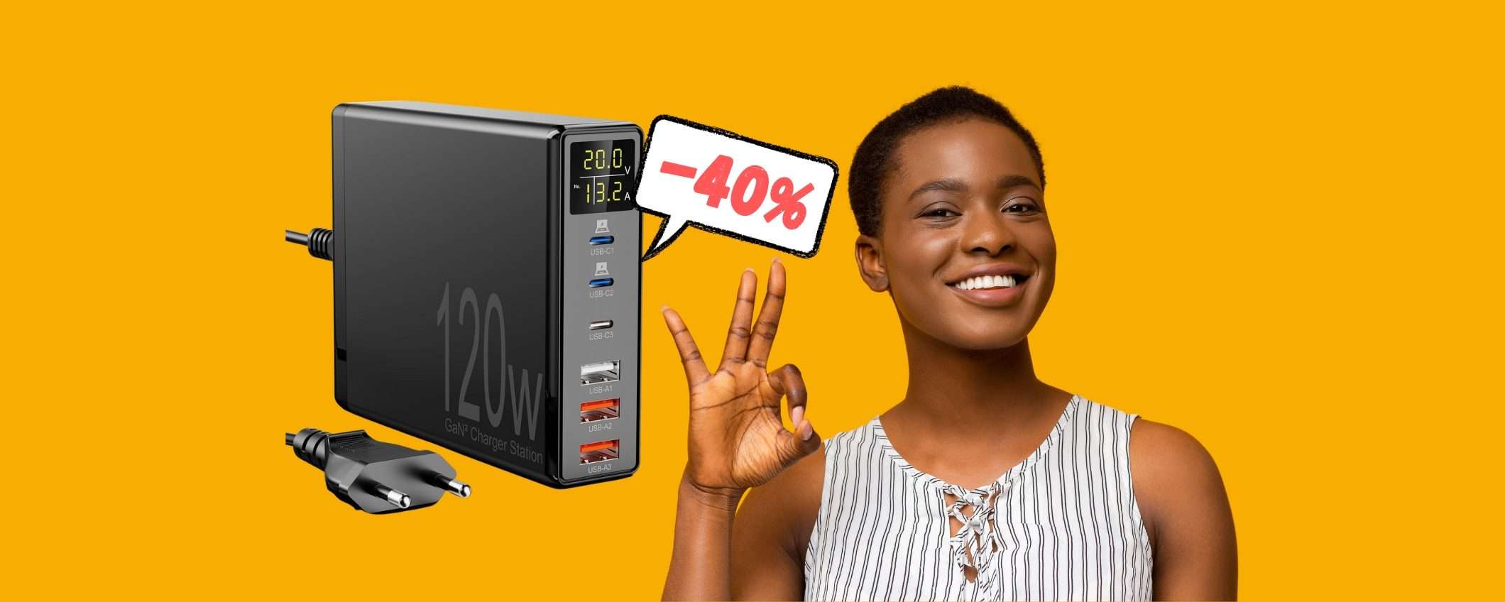 Caricatore da 120W che alimenta anche un laptop in SCONTO del 40% Caricatore da 120W che alimenta anche un laptop in SCONTO del 40%