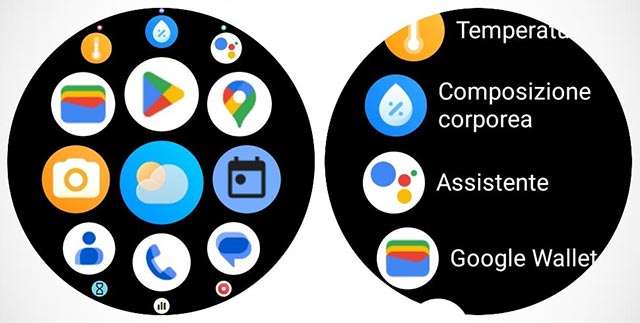 Le due tipologie di disposizione delle icone nel menu principale: Griglia (a sinistra) ed Elenco (a destra)