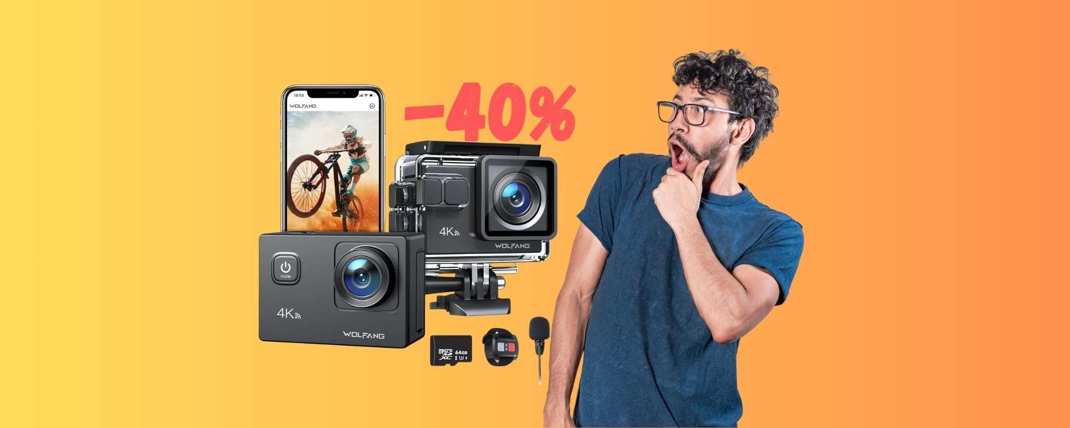 Action Cam 4K con grandangolo e impermeabile fino a 40M al 40% Action Cam 4K con grandangolo e impermeabile fino a 40M al 40%