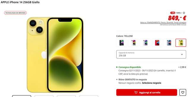 iphone 14 giallo 849 euro mediaworld