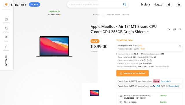 macbook air m1 899 euro unieuro
