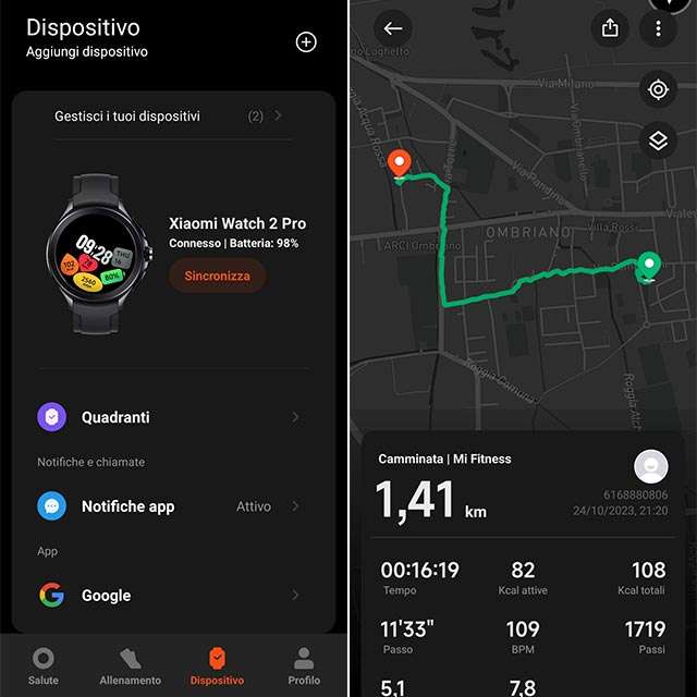 Due screenshot per l'applicazione Mi Fitness su smartphone Android