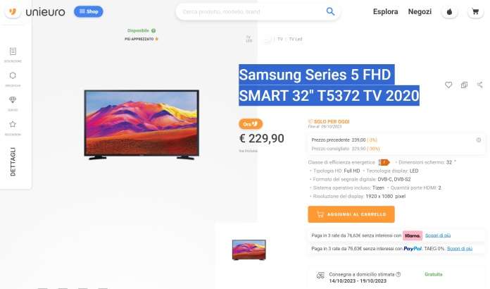 tv samsung series 5 229 euro unieuro