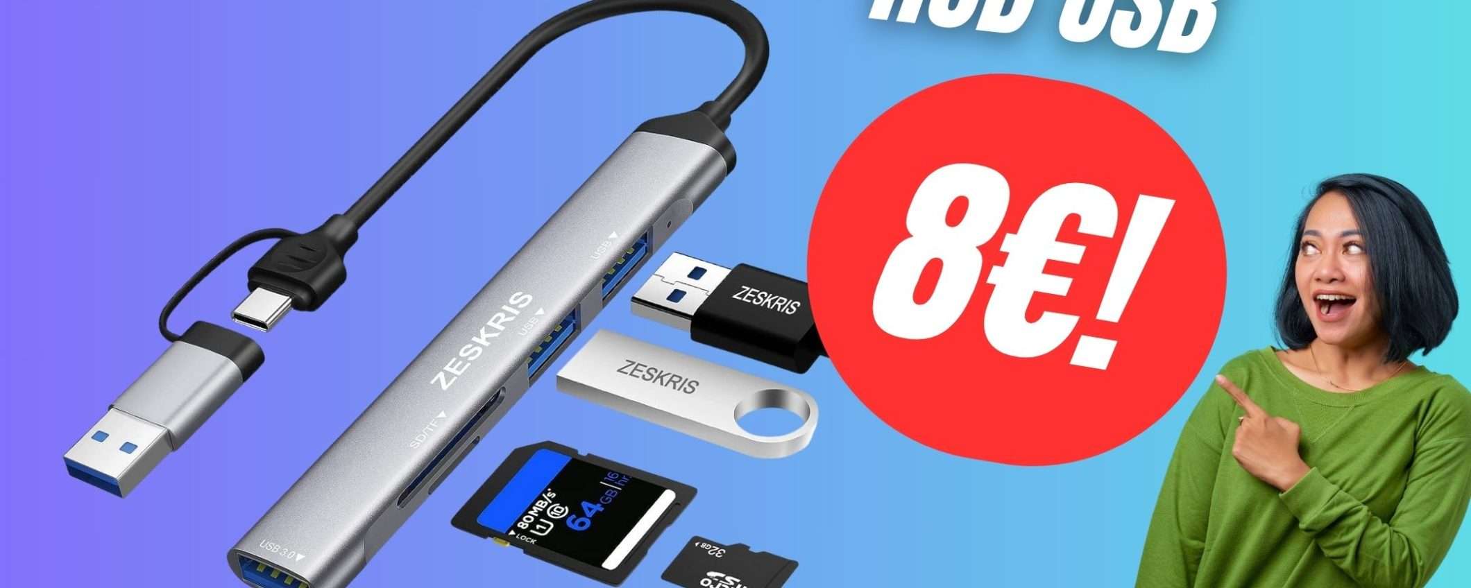 Con questo Hub USB 5 in 1 potrai collegare qualsiasi cosa al tuo PC o Smartphone! (a soli 8€)