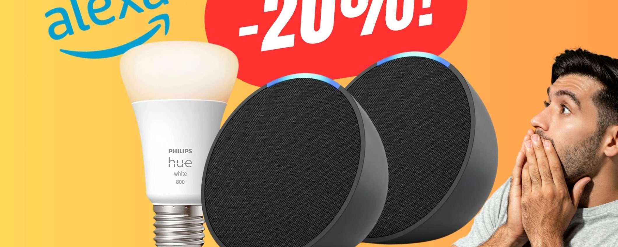 PREZZO FOLLE per due Amazon Alexa + Lampadina smart Philips Hue su Amazon! (-20%)