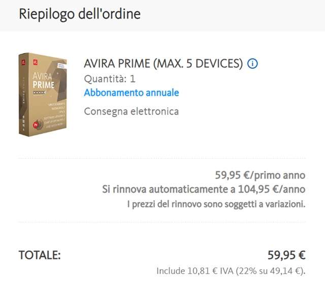 avira prime riepilogo ordine