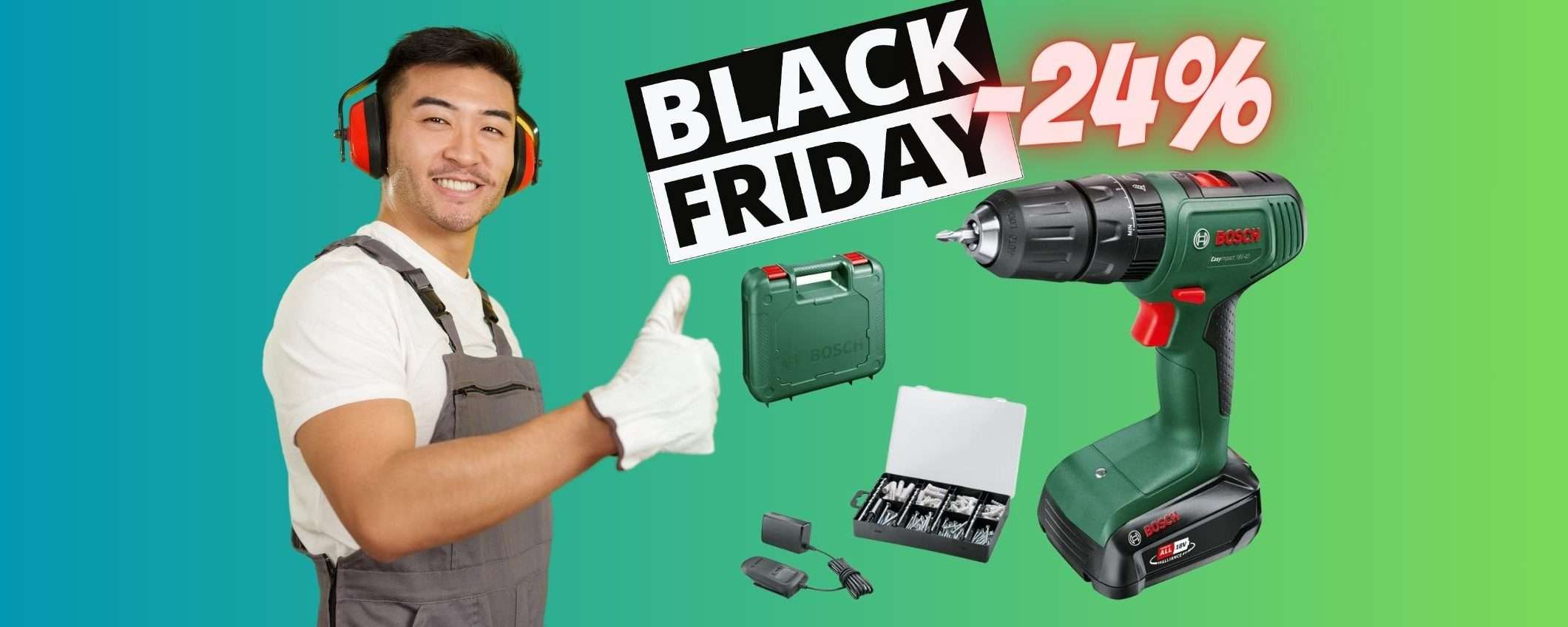 Bosch: trapano con percussione e avvitatore a batteria (-24%) Bosch: trapano con percussione e avvitatore a batteria (-24%)