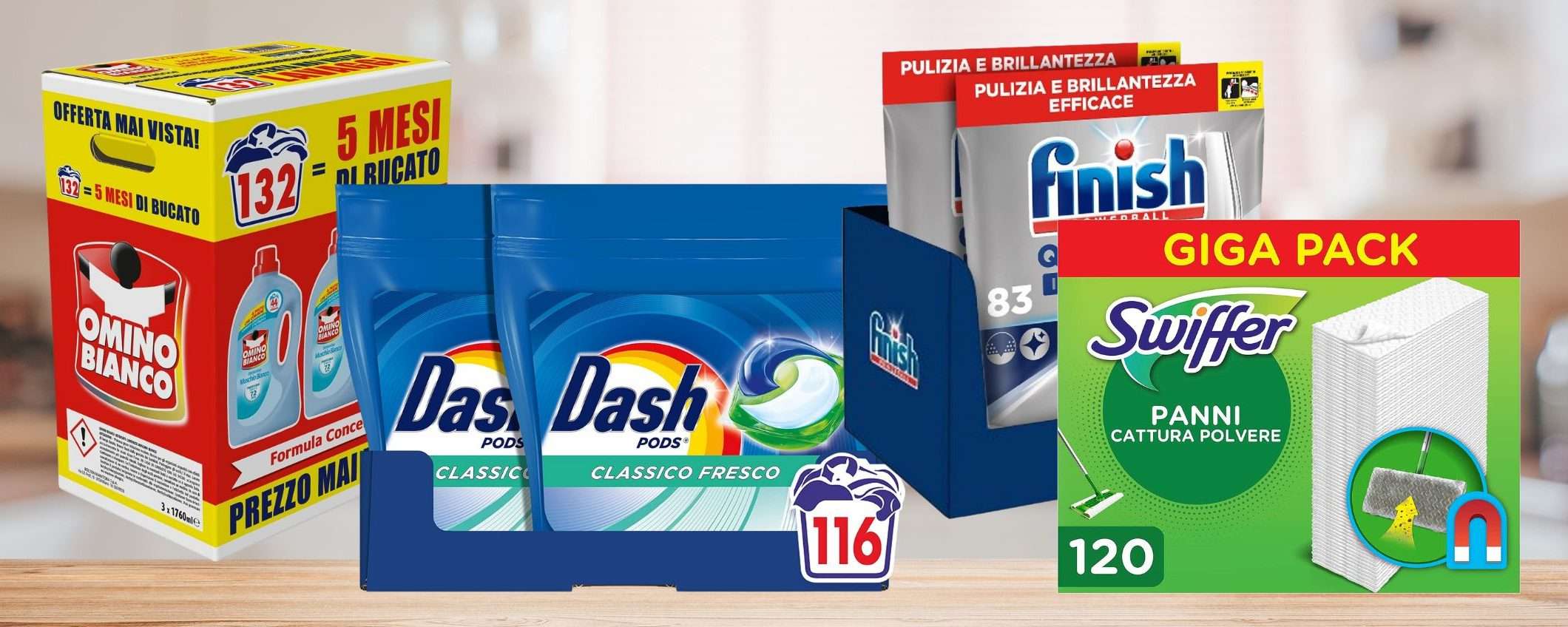 Swiffer, Dash, Finish e altri: marchi PREMIUM in promo scorta SHOCK (Amazon)