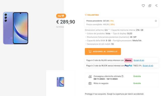 Samsung Galaxy A34, 256GB, precio de 289 euros