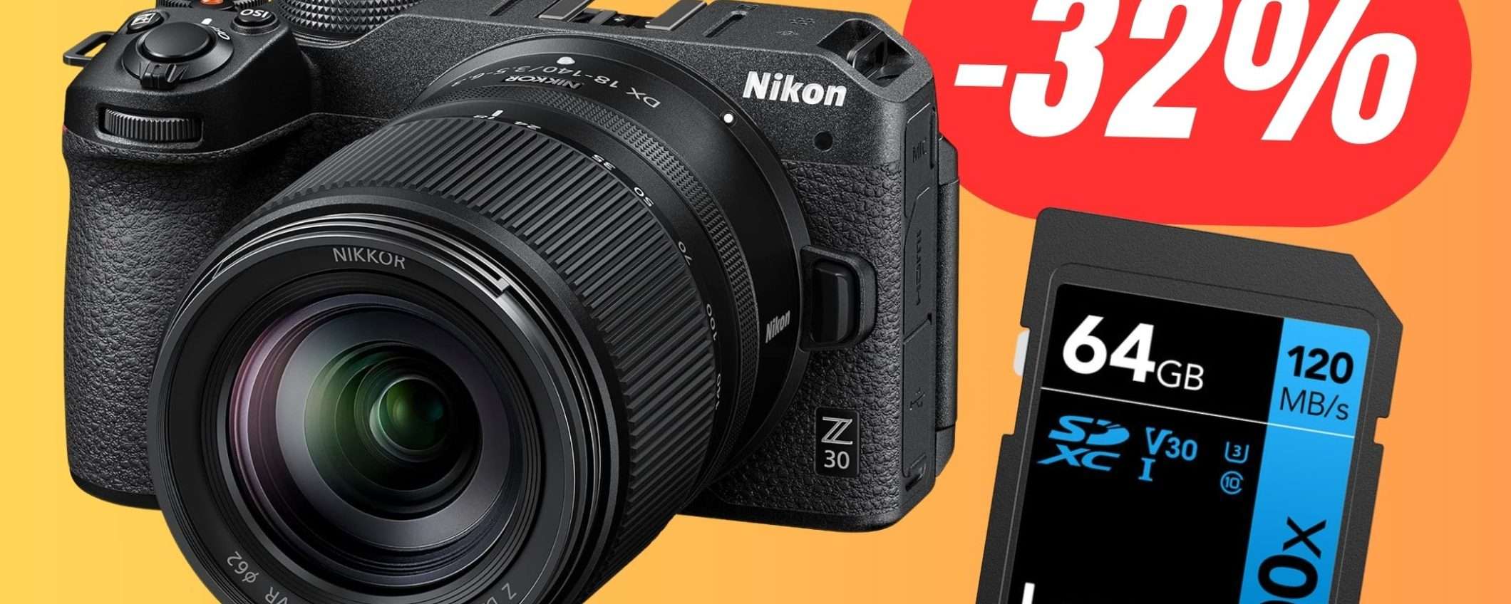 La fotocamera Nikon Z30 con OTTICA e Memoria SD 64GB è scontata di 413€ La fotocamera Nikon Z30 con OTTICA e Memoria SD 64GB è scontata di 413€